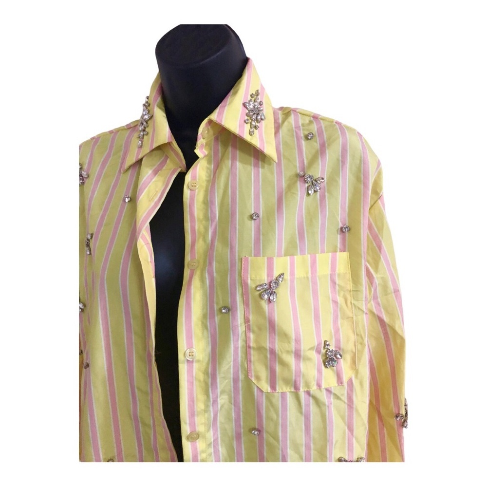 Bejeweled Yellow pink striped button down collared shirt‎ blouse top size medium